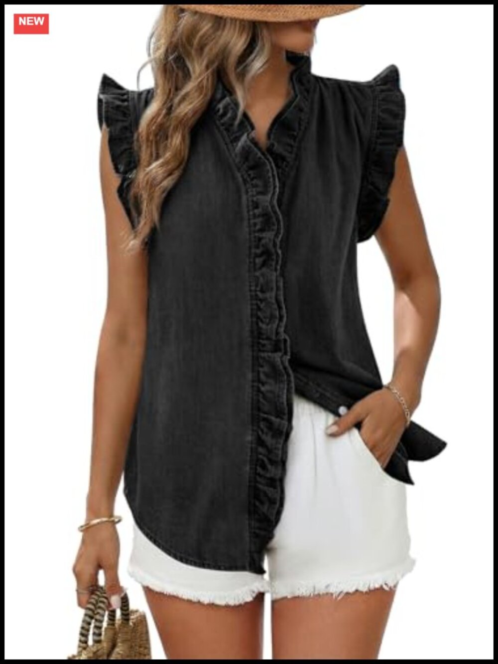 Womens Denim Vest Sleeveless Button Up Peplum V Neck Jean Vest